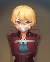 Rule 34 | 1girl, absurdres, arms behind back, bdsm, blonde hair, blue eyes, blue sweater, bondage, bound, braid, darjeeling (girls und panzer), female focus, gag, gagged, girls und panzer, highres, improvised gag, jacket, kaddo, looking at viewer, open clothes, open jacket, red jacket, school uniform, short hair, simple background, solo, st. gloriana&#039;s military uniform, st. gloriana&#039;s school uniform, sweater, tape, tape bondage, tape gag, twin braids, upper body, v-neck