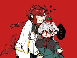 Rule 34 | 2girls, :3, ahoge, ambiguous red liquid, animal ears, black hairband, blush, dog ears, dog tail, grey hair, gundam, gundam suisei no majo, hairband, heart, highres, holding, holding leash, jacket, leash, long hair, long sleeves, looking at viewer, low-tied long hair, low ponytail, miorine rembran, multiple girls, necktie, red background, red hair, red necktie, shioneko114, short necktie, speech bubble, suletta mercury, tail, tomato, tongue, tongue out, translated, white jacket