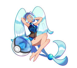 Rule 34 | 1girl, barefoot, blue eyes, creatures (company), game freak, hatsune miku, highres, indai (3330425), nintendo, pokemon, project voltage, simple background, solo, vocaloid, water miku (project voltage), white background