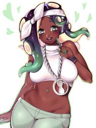 Rule 34 | 1girl, arm at side, bad id, bad pixiv id, bare arms, bare shoulders, black hair, breasts, cephalopod eyes, colored skin, crop top, cropped sweater, dark-skinned female, dark skin, eyes visible through hair, fangs, green eyes, green hair, green skin, groin, hand up, headband, headphones, heart, highres, index finger raised, inioli, jewelry, lips, long hair, looking at viewer, lowleg, lowleg pants, marina (splatoon), medium breasts, midriff, mole, mole under mouth, multicolored hair, multicolored skin, navel, navel piercing, nintendo, octoling, open mouth, pants, pendant, piercing, pink pupils, simple background, sleeveless, sleeveless sweater, smile, solo, sparkle, splatoon (series), splatoon 2, stomach, suction cups, sweater, tentacle hair, thick eyebrows, turtleneck, turtleneck sweater, upper body, white background, wristband