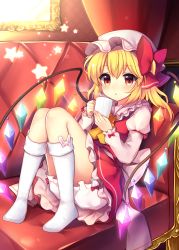 Rule 34 | 1girl, absurdres, ascot, blonde hair, bloomers, blush, bow, coffee cup, couch, crystal, cup, disposable cup, dress, flandre scarlet, frilled dress, frilled shirt collar, frilled sleeves, frills, full body, hair bow, hat, highres, holding, holding cup, indoors, juliet sleeves, kneehighs, knees up, long sleeves, mob cap, on couch, picture frame, pinafore dress, puffy sleeves, red bow, red dress, red eyes, red skirt, ruhika, sash, short hair, skirt, sleeveless, sleeveless dress, socks, solo, star (symbol), steam, tareme, thighs, touhou, twitter username, underwear, upskirt, white bow, white hat, white socks, wings, yellow ascot
