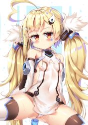 Rule 34 | 1girl, :/, ahoge, arms at sides, arms behind back, asymmetrical bangs, azur lane, bad id, bad pixiv id, bare shoulders, blonde hair, breasts, cameltoe, closed mouth, covered collarbone, covered erect nipples, covered navel, detached sleeves, dombear, dress, eldridge (azur lane), expressionless, facial mark, fur trim, gluteal fold, hair ornament, hairclip, half-closed eyes, head tilt, heart, heart ahoge, highres, long hair, long sleeves, looking at viewer, midriff, orange eyes, panties, parted bangs, puffy detached sleeves, puffy long sleeves, puffy sleeves, shiny skin, short dress, sideboob, small breasts, solo, spread legs, sweat, tail, thighhighs, thighs, two-tone background, underwear, upskirt, very long hair, white background, white dress, white panties, white thighhighs