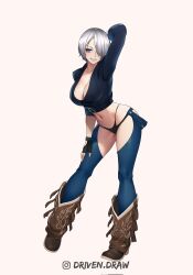 Rule 34 | 1girl, angel (kof), artist name, backless pants, blue eyes, boots, bra, breasts, chaps, cleavage, commission, cowboy boots, crop top, cropped jacket, drivendraw, fingerless gloves, gloves, hair over one eye, highres, jacket, large breasts, leather, leather jacket, looking at viewer, midriff, navel, panties, pants, short hair, simple background, smile, snk, solo, strapless, strapless bra, the king of fighters, the king of fighters xiv, toned, underwear, white hair
