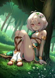 Rule 34 | 1girl, antenna hair, bare shoulders, blush, breasts, bridal gauntlets, brown footwear, commentary request, crossed legs, day, detached sleeves, dress, flower, forest, full body, grass, green sleeves, hair between eyes, hair flower, hair ornament, highres, knees up, kokkoro (princess connect!), long sleeves, looking at viewer, nature, on grass, on ground, open mouth, outdoors, parted lips, pointy ears, princess connect!, puffy long sleeves, puffy sleeves, red eyes, sandals, see-through, see-through sleeves, short hair, sideboob, silver hair, sitting, sleeveless, sleeveless dress, small breasts, solo, sunlight, toes, tree, white dress, white flower, yaosera