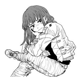 Rule 34 | 1girl, artist request, black shirt, blush, bomber jacket, check artist, crossed legs, greyscale, hand on own cheek, hand on own face, head rest, highres, jacket, kiruko (tengoku daimakyou), lineart, long hair, looking at viewer, monochrome, screentones, shirt, shoes, simple background, sitting, sneakers, solo, suga akira, tengoku daimakyou, white background