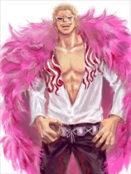 Rule 34 | 1boy, arisue kanako, blonde hair, donquixote doflamingo, feather boa, feathers, hands on own hips, male focus, muscular, one piece, open clothes, open shirt, pants, shirt, short hair, smile, solo, standing, sunglasses