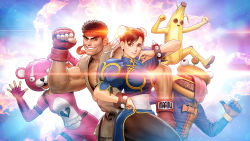 Rule 34 | 2girls, 3boys, absurdres, animal costume, banana costume, bear costume, beef boss, black hair, black legwear, blue dress, bodysuit, bracelet, breasts, brown eyes, bun cover, burger, burger costume, capcom, china dress, chinese clothes, chun-li, clenched hand, crossover, cuddle team leader, double bun, dougi, dress, durr burger, earrings, explosion, fingernails, food, fortnite, grin, hair bun, headband, highres, jewelry, lens flare, lens flare abuse, lips, long tongue, looking at viewer, medium breasts, mori toshiaki, multiple boys, multiple girls, muscular, muscular male, official art, official wallpaper, pantyhose, peely, pelvic curtain, pink bodysuit, puffy short sleeves, puffy sleeves, red headband, ryu (street fighter), sash, short hair, short sleeves, side slit, smile, spiked bracelet, spikes, street fighter, street fighter ii (series), thick eyebrows, thick thighs, thighs, thumbs up, tongue, tongue out, uppercut, veins, wallpaper