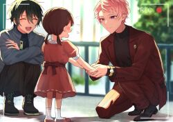 Rule 34 | 1girl, 2boys, black footwear, bow, brown hair, buttons, child, closed eyes, closed mouth, commentary request, ensemble stars!, full body, green hair, hair between eyes, highres, holding hands, itsuki shu, jacket, kagehira mika, lapels, long sleeves, multiple boys, open clothes, open jacket, open mouth, pink hair, purple eyes, recording, red circle, shoelaces, short hair, short sleeves, short twintails, socks, squatting, standing, teeth, turtleneck, twintails, upper teeth only, valkyrie (ensemble stars!), viewfinder, watch, wednesday 108, white socks, wristwatch