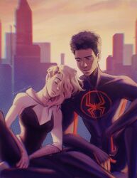 Rule 34 | city, gwen stacy, happy, highres, leaning on person, marvel, miles morales, resting, smile, spider-gwen, spider-man: across the spider-verse, spider-man (miles morales), spider-man (series), spider-verse, sunset, tagme