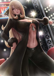 Rule 34 | 1girl, abs, arena, blonde hair, breasts, cleavage, covered erect nipples, cowboy shot, creatures (company), cynthia (pokemon), eyes visible through hair, fur trim, game freak, hair over one eye, hand on own hip, indoors, jacket, limgae, long hair, looking at viewer, navel, nintendo, no bra, outstretched arm, pants, pokemon, pokemon dppt, smile, solo, stomach, swept bangs, tight clothes, tight pants, toned, underboob, very long hair