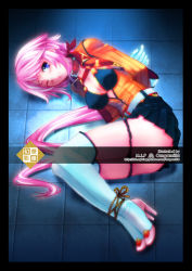 Rule 34 | 1girl, bdsm, blue eyes, bondage, bound, breasts, censored, cleavage cutout, clothing cutout, collar, high heels, omgamilla, one eye closed, original, pink footwear, pink hair, ponytail, shoes, solo, thighhighs, wink