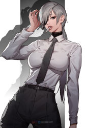 Rule 34 | 1girl, black necktie, black pants, breasts, chainsaw man, cigarette, cropped legs, eyepatch, grey hair, highres, inhoso, lips, long sleeves, medium breasts, necktie, pants, quanxi (chainsaw man), shirt, simple background, solo, standing, white background, white shirt