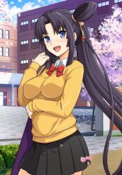 Rule 34 | 1girl, :d, black hair, blue eyes, breasts, commentary request, fate/grand order, fate (series), haruhisky, highres, long hair, looking at viewer, medium breasts, melty blood: type lumina, official alternate costume, open mouth, pleated skirt, school uniform, side ponytail, skirt, smile, solo, ushiwakamaru (fate), very long hair