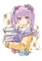 Rule 34 | 1girl, :&lt;, alternate costume, blue flower, book, closed mouth, crescent, crescent hair ornament, flower, green flower, hair ornament, holding, holding book, long sleeves, looking at viewer, patchouli knowledge, purple eyes, purple hair, red flower, sailor collar, simple background, solo, touhou, upper body, white background, yuineko