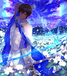Rule 34 | 1boy, agni gandiva, arjuna (fate), bow (weapon), brown eyes, brown hair, cape, dark skin, dark-skinned male, fate/grand order, fate (series), field, flower, flower field, fu yukari, gloves, hair between eyes, highres, holding, holding bow (weapon), holding weapon, indian clothes, long sleeves, looking to the side, male focus, short hair, solo, weapon, white cape, white gloves