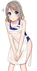 Rule 34 | 10s, 1girl, :t, apron, arena (company), bare arms, bare shoulders, blue eyes, blue one-piece swimsuit, breasts, brown hair, cleavage, closed mouth, collarbone, commentary request, competition swimsuit, eyebrows, grey hair, highres, leaning forward, looking at viewer, love live!, love live! sunshine!!, medium breasts, mizukoshi (marumi), one-piece swimsuit, own hands together, parted bangs, school swimsuit, short hair, simple background, solo, spoken squiggle, squiggle, standing, swept bangs, swimsuit, swimsuit under clothes, v arms, watanabe you, white apron, white background
