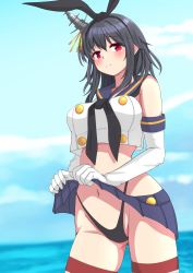 Rule 34 | 1girl, absurdres, black hair, black hairband, black neckerchief, black panties, blue sailor collar, blue skirt, blue sky, clothes lift, cloud, commentary request, cosplay, crop top, dress, elbow gloves, gloves, hair ornament, hairband, highleg, highleg panties, highres, horizon, kantai collection, looking at viewer, microskirt, miniskirt, neckerchief, nitamako (sakamalh), ocean, panties, pleated dress, red eyes, sailor collar, shimakaze (kancolle), shimakaze (kancolle) (cosplay), short hair, skirt, skirt lift, sky, solo, standing, striped clothes, striped thighhighs, thighhighs, underwear, white gloves, yamashiro (kancolle)