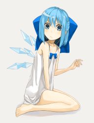Rule 34 | &gt;:/, 1girl, :/, bad id, bad pixiv id, bare legs, bare shoulders, barefoot, blue eyes, blue hair, bow, chemise, cirno, collarbone, dress, full body, hair bow, ice, ice wings, large bow, looking at viewer, matching hair/eyes, miruto netsuki, nightgown, simple background, sitting, solo, touhou, v-shaped eyebrows, wariza, white background, wings