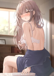 Rule 34 | 1girl, back, blurry, blurry background, blush, bra, breasts, brown hair, desk, from behind, hair ornament, hairclip, highres, indoors, long hair, looking at viewer, medium breasts, monaka curl, original, parted lips, sitting, solo, underwear, water, white bra, window, yellow eyes