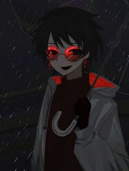 Rule 34 | 1boy, black eyes, black hair, earrings, gloves, highres, holding, holding umbrella, hood, hood down, hooded jacket, jacket, jewelry, li yuting (male), mole, mole under each eye, mole under eye, multiple moles, open clothes, open jacket, open mouth, procreate (medium), rain, red-tinted eyewear, red gloves, red sweater, round eyewear, short hair, smile, solo, sweater, tinted eyewear, touqi guaitan, turtleneck, turtleneck sweater, umbrella, upper body, white jacket, yexxiao