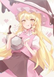 Rule 34 | 1girl, adapted costume, baking, blonde hair, bow, bowl, braid, chocolate, chocolate on face, dress, food, food on face, hat, heart, highres, holding, holding bowl, kirisame marisa, long hair, long sleeves, mixing bowl, pink bow, pink dress, pink hat, shirt, solo, suikario, touhou, very long hair, white background, white shirt, witch hat, yellow eyes