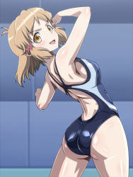Rule 34 | 10s, 1girl, ass, back, blush, breasts, brown eyes, brown hair, competition swimsuit, cowboy shot, from behind, gradient background, hair ornament, hairclip, huge ass, looking back, lydian academy swimsuit, monteriakitto, one-piece swimsuit, senki zesshou symphogear, short hair, sideboob, solo, stretching, swimsuit, tachibana hibiki (symphogear)