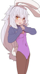 Rule 34 | 1girl, :d, animal ears, blush, breasts, brown pantyhose, bunny day, fake animal ears, fang, hair ribbon, highres, leotard, long hair, long sleeves, navel, open mouth, orange eyes, original, own hands together, pantyhose, playboy bunny, rabbit ears, rabbit tail, ribbon, shirt, small breasts, smile, solo, standing, sumiyao (amam), tail, teeth, white background, white shirt, yellow eyes