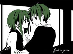 Rule 34 | 1boy, 1girl, anzu (o6v6o), eye contact, genderswap, genderswap (ftm), green hair, gumi, gumiya, hand on another&#039;s face, looking at another, vocaloid