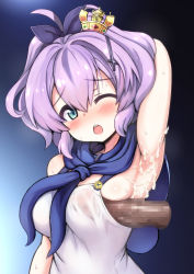 Rule 34 | 1boy, 1girl, ;o, arm behind head, arm up, armpit sex, armpits, azur lane, bare shoulders, blue background, blue eyes, blush, bow, breasts, censored, crown, cum, cum on armpit, cum on armpits, cum on body, cum on upper body, disembodied penis, flipped hair, gradient background, hair between eyes, hair bow, hair ornament, hairclip, head tilt, hetero, hiraga daidai, javelin (azur lane), medium breasts, mosaic censoring, one eye closed, penis, penis to breast, penis under another&#039;s clothes, purple bow, purple hair, short hair, sleeveless, solo focus, tareme, upper body