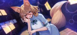 Rule 34 | 1girl, :d, alley, animal ear fluff, animal ears, blonde hair, building, dress, fang, fingernails, fox ears, fox tail, green ribbon, hair between eyes, kudamaki tsukasa, lips, long sleeves, looking at viewer, medium hair, neck ribbon, night, night sky, niwatori (satoru0201), non-web source, official art, open mouth, outdoors, pointing, ribbon, second-party source, sky, smile, solo, tail, tongue, touhou, touhou gensou eclipse, white dress, wide sleeves, yellow eyes