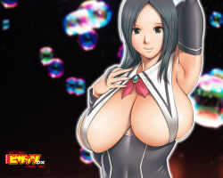 Rule 34 | 1girl, action pizazz, armpits, arms up, black hair, breasts, cleavage, detached sleeves, huge breasts, official art, official wallpaper, saigado, sideboob, solo, wallpaper