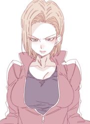 Rule 34 | 1girl, android 18, blonde hair, blue eyes, blue shirt, blush, breasts, commentary request, dragon ball, dragonball z, earrings, female focus, high collar, jacket, jewelry, large breasts, long sleeves, looking at viewer, medium hair, pale color, parted lips, red jacket, shirt, simple background, solo, tasaka shinnosuke, unzipped, upper body, white background, zipper