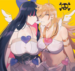 Rule 34 | 2girls, ahoge, armlet, arms at sides, bare shoulders, black hair, blonde hair, blue bow, blue eyes, blunt bangs, bow, breasts, check commentary, choker, colored inner hair, commentary request, condom, corset, dyed bangs, ear piercing, earrings, hair between eyes, hair bow, heads together, heart, highres, huge breasts, jewelry, large breasts, long hair, looking at viewer, mayana (bbpp), mouth hold, multicolored hair, multiple girls, navel, panty &amp; stocking with garterbelt, panty (psg), piercing, pink hair, siblings, sidelocks, sisters, skull and crossbones, sleeveless, stocking (psg), underbust, upper body, very long hair, white wings, wings, yellow background