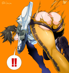 Rule 34 | !, !!, 1girl, :o, arm guards, artist name, ass, bent over, brown hair, butt crack, convenient censoring, exploding clothes, from behind, gloves, goggles, green gloves, gun, holding, holding gun, holding weapon, inu (aerodog), leg up, looking back, orange background, overwatch, overwatch 1, pants, running, shoe soles, short hair, simple background, solo, speech bubble, spoken exclamation mark, surprised, torn clothes, torn pants, tracer (overwatch), weapon, yellow pants
