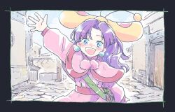 Rule 34 | 1girl, black border, blue eyes, border, crying, crying with eyes open, dress, earrings, grandia, grandia i, hair ornament, jewelry, long hair, looking at viewer, michibata 65, open mouth, purple hair, puui (grandia), smile, solo, sue (grandia), tears, waving