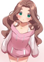 Rule 34 | 1girl, absurdres, blush, breasts, brown hair, cleavage, green eyes, highres, idolmaster, idolmaster cinderella girls, jewelry, kahiika, kusakabe wakaba, long hair, looking at viewer, necklace, pink shirt, shirt, sleeves past fingers, sleeves past wrists, small breasts, solo, standing, star (symbol), star necklace, wavy hair
