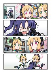 Rule 34 | 3girls, 4koma, :&lt;, absurdres, animal ear headphones, animal ears, blonde hair, blue archive, blunt bangs, cat ear headphones, collared shirt, comic, commentary request, controller, crying, crying with eyes open, fake animal ears, fake tail, game controller, hair between eyes, halo, headpat, headphones, highres, jacket, long hair, long sleeves, midori (blue archive), momoi (blue archive), multiple girls, nagam, necktie, off shoulder, open clothes, open jacket, playing games, pleated skirt, purple hair, sad, school uniform, shirt, short hair, siblings, sidelocks, silent comic, sisters, skirt, sweat, tail, tearing up, tears, twins, two side up, yuuka (blue archive)