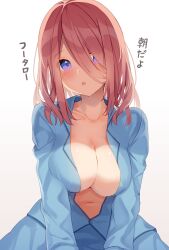 Rule 34 | 1girl, :o, blue pants, blue shirt, blush, breasts, brown background, cleavage, collarbone, commentary request, dress shirt, go-toubun no hanayome, gradient background, hair over one eye, head tilt, highres, large breasts, long hair, long sleeves, looking at viewer, mizuki ryuu, nakano miku, navel, no bra, open clothes, open shirt, pants, parted lips, purple eyes, shirt, solo, translation request, white background