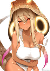 Rule 34 | 1girl, aged up, alternate breast size, animal hood, apron, blonde hair, blush, breasts, cleavage, closed mouth, collarbone, cowboy shot, detached hood, glowing, glowing clothes, groin, hair between eyes, hand on own arm, head tilt, highres, hood, kashisu mint, kemono friends, king cobra (kemono friends), large breasts, leaning forward, long hair, looking at viewer, mature female, multicolored eyes, multicolored hair, naked apron, orange eyes, parted bangs, pink hair, print hood, red eyes, ringed eyes, seductive smile, shiny skin, simple background, smile, snake hood, snake print, snake tail, solo, strap slip, tail, tan, twintails, twitter username, two-tone hair, very long hair, white apron, white background, yellow pupils