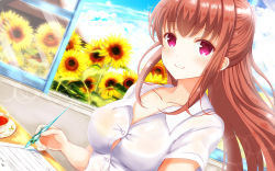 Rule 34 | 1girl, amatsu kanata, blue sky, blush, breasts, brown hair, cloud, cloudy sky, collarbone, collared shirt, commentary request, covered erect nipples, cup, day, dutch angle, eyebrows, flower, girlfriend (kari), half updo, highres, holding, holding pen, indoors, lens flare, long hair, looking at viewer, masa (mirage77), medium breasts, no bra, pen, purple eyes, see-through, shirt, short sleeves, sidelocks, sitting, sky, smile, solo, sunflower, sunlight, sweat, tea, teacup, tight clothes, uniform, upper body, wallpaper, wet, wet clothes, white shirt, window