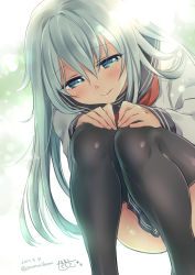 Rule 34 | 10s, 1girl, anchor symbol, black skirt, black thighhighs, blue eyes, blurry, blush, bokeh, dated, depth of field, grey eyes, hair ornament, hairclip, hands on own knees, hibiki (kancolle), highres, kantai collection, lips, long hair, long sleeves, looking at viewer, no headwear, no headwear, pleated skirt, sasachin (k+w), school uniform, serafuku, signature, silver hair, skirt, smile, solo, squatting, thighhighs, thighs, twitter username, white thighhighs