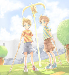 Rule 34 | 2boys, blue eyes, brothers, child, claus (mother 3), day, lucas (mother 3), mother (game), mother 3, multiple boys, nintendo, outdoors, shirt, shoes, short hair, shorts, siblings, sky, sneakers, striped clothes, striped shirt, the seven needles (mother 3), tonamiko