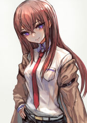 Rule 34 | 1girl, absurdres, blue eyes, breast pocket, breasts, brown hair, closed mouth, collared shirt, hair between eyes, hand on own hip, head tilt, highres, jacket, long hair, long sleeves, looking at viewer, makise kurisu, necktie, pocket, red necktie, sabamiso taro, shirt, simple background, small breasts, smile, solo, steins;gate, upper body, white shirt