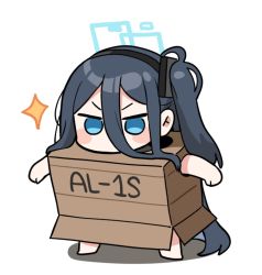 Rule 34 | 1girl, aris (blue archive), black hairband, blue archive, box, cardboard box gundam, chibi, commentary request, gundam, hair between eyes, hairband, halo, highres, junsuina fujunbutsu, long hair, meme, no mouth, one side up, parody, simple background, solo, sparkle, standing, white background