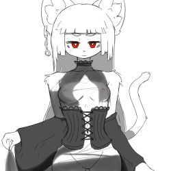 Rule 34 | 1girl, bare shoulders, brown eyes, corset, female focus, furry, furry female, looking at viewer, no bra, red eyes, simple background, solo, tagme, tail, the amboina, upper body, white background