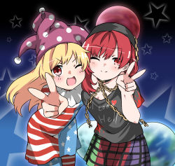Rule 34 | 2girls, american flag dress, american flag legwear, blonde hair, blush, chain, clothes writing, clownpiece, collar, dress, frilled collar, frilled shirt collar, frills, hat, hecatia lapislazuli, highres, jester cap, kz oji, leaning forward, long hair, looking at viewer, multicolored clothes, multicolored skirt, multiple girls, neck ruff, okazu (seiga), one eye closed, open mouth, pantyhose, polka dot, red eyes, red hair, short dress, skirt, star (symbol), striped clothes, striped dress, touhou, v