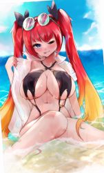 Rule 34 | 1girl, :p, absurdres, beach, breasts, highres, large breasts, last origin, looking at viewer, may of doom, mer (mer3in), red hair, slingshot swimsuit, solo, sunglasses on head, swimsuit, tongue, tongue out, twintails, wet