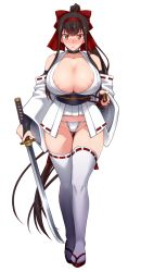 Rule 34 | 1girl, breasts, brown eyes, brown hair, detached sleeves, female pubic hair, full body, fundoshi, glint, highres, holding, holding sheath, holding sword, holding weapon, huge breasts, japanese clothes, katana, long hair, namidame, original, pubic hair, pubic hair peek, ribbon-trimmed legwear, ribbon-trimmed sleeves, ribbon trim, sandals, scabbard, sheath, sidelocks, solo, sword, tabi, thighhighs, transparent background, unsheathed, very long hair, weapon, white sleeves, white thighhighs, wide sleeves, zouri