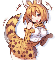 Rule 34 | +++, 10s, 1girl, ;d, animal ears, animal print, bare shoulders, blush, bow, bowtie, breast pocket, breasts, cat ears, cat tail, cowboy shot, elbow gloves, gloves, head tilt, high-waist skirt, kemono friends, laughing, leaning forward, leopard print, looking at viewer, medium breasts, migumigu, motion lines, one eye closed, open mouth, orange hair, paw pose, pocket, red eyes, serval (kemono friends), serval print, serval tail, shirt, short hair, simple background, skirt, sleeveless, sleeveless shirt, smile, solo, standing, tail, tail wagging, white background, white shirt