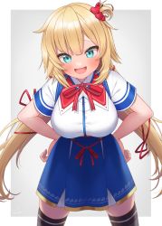 Rule 34 | 1girl, :d, absurdres, akai haato, akai haato (1st costume), aqua eyes, black thighhighs, blonde hair, blue skirt, blush, border, breasts, collared shirt, cowboy shot, grey background, hair ornament, hair ribbon, hands on own hips, heart, heart hair ornament, highres, hololive, large breasts, leaning forward, long hair, looking at viewer, low twintails, neck ribbon, open mouth, raised eyebrows, red ribbon, ribbon, shirt, short sleeves, simple background, skirt, smile, solo, thighhighs, tomozu, twintails, virtual youtuber, white border, white shirt, zettai ryouiki
